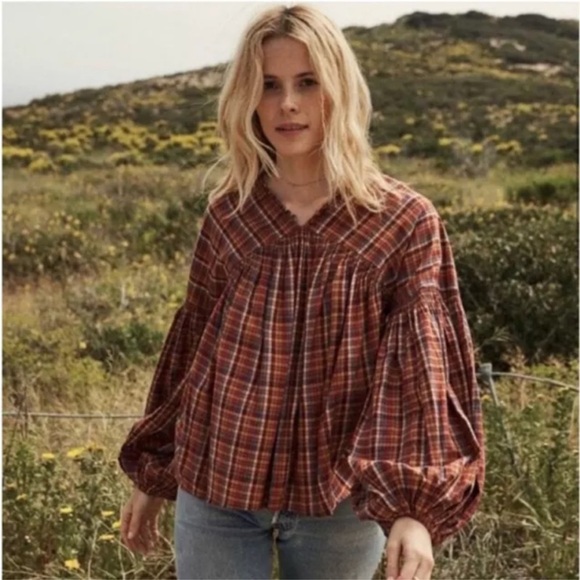 Doen Plaid Blouse in Red and Brown - Picture 2 of 8